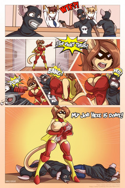accessory anthro big_breasts black_clothing black_shirt black_t-shirt black_topwear breasts clothed clothing dialogue female group gun handgun humor male mask necktie nipples pistol punch ranged_weapon shirt superhero t-shirt tail text topwear wardrobe_malfunction weapon galacticmichi katrina_fowler domestic_cat felid feline felis mammal 2018 comic english_text hi_res