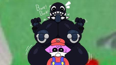 anthro barking big_breasts black_body bodily_fluids breasts claws collar cosplay cuff_(restraint) duo facial_scar female fur heart_pupils heart_symbol huge_breasts male male/female nervous nervous_sweat nipple_piercing nipples nude pawpads piercing pink_body pink_fur restraints scar sharp_teeth size_difference spiked_collar spikes sweat teeth text thick_thighs tongue tongue_out white_body white_fur wrist_cuffs domlol mario_bros nintendo super_mario_64 gigi_(thecoatl034) moss_(domlol) canid canine chain_chomp fox mammal 16:9 colored widescreen
