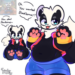 3_toes 4_fingers ambiguous_gender anthro barefoot belly big_belly biped blue_eyes bottomwear clothed clothing dialogue feet fingerless_gloves fingers foot_focus fur gloves hair handwear hindpaw looking_at_viewer male navel pawpads paws plantigrade simple_background sitting smile soles solo tail text thick_thighs toes tongue topwear winteriris42 bloodborne bradley_the_badger_(game) fromsoftware sony_corporation sony_interactive_entertainment bradley_(bradley_the_badger) badger mammal mustelid musteline 1:1 2025 absurd_res digital_drawing_(artwork) digital_media_(artwork) english_text hi_res