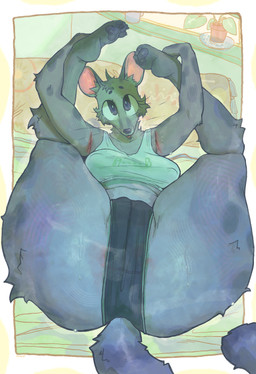 anthro anus_peek big_breasts big_butt big_eyes bodily_fluids bottomwear breasts butt clothing female hotpants legs_above_head looking_at_viewer pawpads presenting shirt shorts solo steam sweat tank_top thick_thighs tongue tongue_out topwear smashmat lucia_(smashmat) genet mammal viverrid absurd_res hi_res