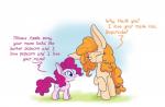 cutie_mark dialogue duo female feral hair simple_background text white_background young heir-of-rick friendship_is_magic hasbro my_little_pony pear_butter_(mlp) pinkie_pie_(mlp) earth_pony equid equine horse mammal pony 2017 english_text hi_res