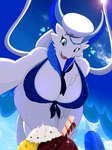 anthro beach big_breasts bikini blue_bikini blue_body blue_clothing blue_eyes blue_fur blue_hair blue_swimwear blue_wings breasts clothed clothing dessert feathers female food fur hair hat headgear headwear huge_breasts ice_cream sailor_cap sky smile solo summer swimwear tail thick_thighs tuft two-piece_swimsuit white_body white_breasts white_fur white_tail white_thighs wide_hips wings blueondrive mythology palworld pocketpair queen_eleanor_(blueondrive) dragon feathered_dragon feathered_scalie mythological_creature mythological_scalie pal_(species) quivern scalie hi_res