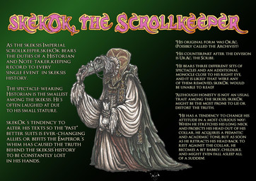 anthro beak elderly fangs gown multi_limb renaissance_architecture renaissance_clothing speech_bubble teeth text skekla_(artist) the_dark_crystal skekok_the_scroll_keeper alien skeksis comic english_text model_sheet herm_(lore)