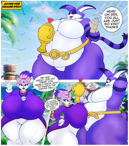 5_fingers anthro award belt big_breasts bottomwear breasts clothing duo female fingers forehead_gem fur gem gloves handwear huge_breasts male open_mouth orange_eyes overweight overweight_anthro overweight_male purple_body purple_clothing purple_fur tail text trophy white_body white_bottomwear white_clothing white_fur nightlyflare sega sonic_the_hedgehog_(series) big_the_cat blaze_the_cat domestic_cat felid feline felis mammal 2025 comic english_text hi_res