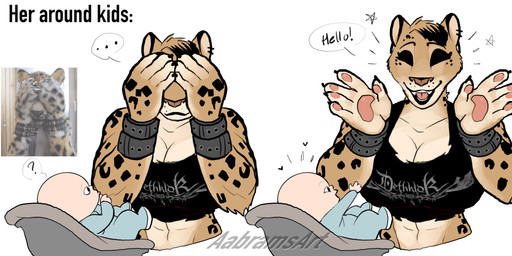 abs ambiguous_gender anthro athletic belt_on_arm big_breasts blockage_(layout) breasts cartoon_freckles cleavage clothed clothing collarbone comparison covering covering_face crotch_lines curvy_figure duo ears_up eyelashes eyeshadow fangs female female_focus freckled_face freckles front_view fur hair hands_over_eyes happy long_eyelashes makeup markings mascara mature_female midriff muscular muscular_anthro muscular_female neonate paws photo_reference piercing reference_inset shirt short_hair simple_background smile speech_bubble spots spotted_arms spotted_body spotted_fur spotted_shoulders star_symbol tank_top teeth thought_bubble three-quarter_view tomboy topwear young aabramsart felid feline felis human leopard mammal pantherine absurd_res half-length_portrait hi_res portrait reference_image