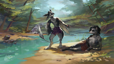 3_fingers 4_ears 5_fingers amazing_background anthro areola arm_support black_body black_feathers black_fur black_hair black_sclera blue_eyes bottomwear breasts casual_exposure claws closed_smile clothed clothing detailed_background digitigrade duo eye_contact feathered_wings feathers feet female fingers forest forest_background fur hair half_naked inviting leaning_on_elbow light light_beam long_tail looking_at_another lying male male/female mouth_closed multi_ear nature nature_background nipples on_side outside pants pawpads paws pink_nipples pink_nose pink_pawpads plant purple_bottomwear purple_clothing purple_eyes purple_shorts red_bottomwear red_clothing red_shorts resting river rock shorts sky smile standing sunbeam sunlight tail teeth text topless topless_anthro topless_female tree tuft unimpressed water white_body white_feathers white_fur winged_arms wings atokasworld fyr_(fenrir784) olga_(keesandwich) american_opossum avali avian bird mammal marsupial virginia_opossum 2025 absurd_res colored dated detailed digital_drawing_(artwork) digital_media_(artwork) english_text hi_res lineless shaded signature intersex_(lore) maleherm_(lore)