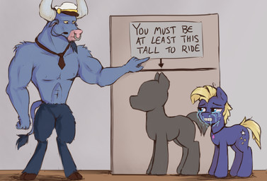 accessory anthro blonde_hair blue_body bodily_fluids cloven_hooves crying duo feral fur hair hooves larger_male male necktie quadruped size_difference smaller_male tail tears text dosh friendship_is_magic hasbro my_little_pony iron_will_(mlp) star_tracker_(mlp) bovid bovine equid equine horse mammal pony hi_res