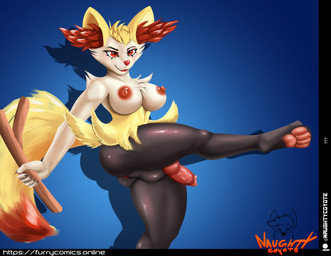 4_toes 5_fingers animal_genitalia animal_penis anthro anus black_legs black_nails blonde_hair blue_background breasts canine_genitalia canine_penis colored_nails dipstick_tail drop_shadow eyelashes feet fingers genitals gynomorph hair holding_object holding_stick inner_ear_fluff intersex logo markings nails one_leg_up pawpads penis pink_pawpads presenting presenting_penis raised_leg red_eyes red_inner_ear_fluff red_nose red_penis red_tail simple_background smile smiling_at_viewer smirk smirking_at_viewer solo stick tail tail_markings text toes tuft white_arms white_breasts white_face yellow_body yellow_tail smartwhitefang nintendo pokemon june_(ballad) braixen generation_6_pokemon pokemon_(species) absurd_res artist_logo artist_name hi_res url