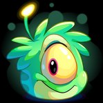 1_eye ambiguous_gender antennae_(anatomy) feral glowing glowing_antennae green_body simple_background solo transparent_background yellow_sclera unknown_artist club_penguin alien_puffle puffle alpha_channel full-length_portrait hi_res official_art portrait