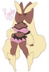 anthro big_breasts blush bottomwear breasts cleavage clothed clothing female hotpants looking_at_viewer midriff one_eye_closed shorts solo text wink solratic nintendo pokemon bonita_(solratic) generation_4_pokemon lopunny pokemon_(species) english_text hi_res