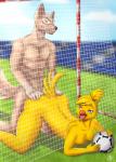 all_fours anthro ball beak blonde_hair blue_eyes breasts doggystyle duo eyewear feathers female from_behind_position fur goalie goggles hair male male/female mascot net nipples nude open_mouth sex smile soccer soccer_ball soccer_field sport text tongue trapped trapped_in_net yellow_body yellow_feathers mina-the-pie fifa ettie zabivaka avian bird canid canine canis chicken galliform gallus_(genus) mammal phasianid wolf 2018 absurd_res digital_media_(artwork) english_text hi_res