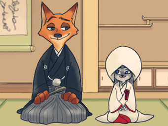 anthro asian_clothing bottomwear clothing duo east_asian_clothing female folding_fan fur green_eyes hakama haori inside japanese_clothing kimono kneeling looking_back male purple_eyes scroll smile mojio_(pixiv) disney zootopia judy_hopps nick_wilde canid canine fox lagomorph leporid mammal rabbit red_fox true_fox 2016 4:3