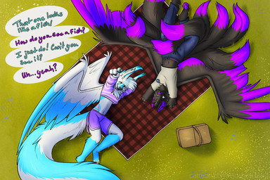 9_tails anthro bedding black_body black_fur blanket blue_markings bottomwear claws clothed clothing crop_top denim denim_bottomwear denim_clothing duo fur grass hair jeans looking_at_viewer lying lying_on_ground male markings midriff multi_tail multicolored_body multicolored_fur navel on_back on_ground on_side open_mouth outside pants picnic plant purple_markings shirt shorts simple_background smile spread_wings t-shirt tail text topwear white_body white_fur wings hoshka canid canine canis fox mammal wolf 3:2 digital_drawing_(artwork) digital_media_(artwork) english_text