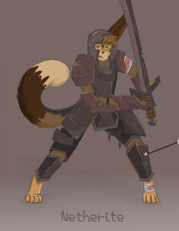 anthro armor blood bodily_fluids gradient_background male melee_weapon nosebleed simple_background solo sword weapon wounded xleb0rezka microsoft minecraft mojang xbox_game_studios faraday_(yellow_fire) canid canine fennec_fox fox mammal true_fox hi_res