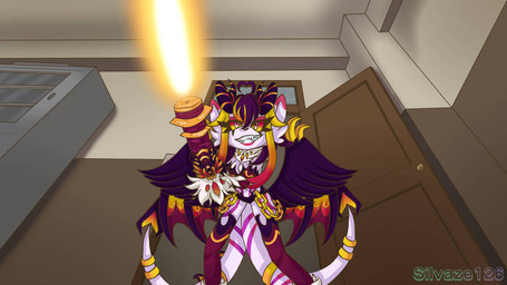 2_tails anthro chain female gatling_gun gold_(metal) gold_band gold_chain gradient_eyes gun gun_arm hair horn machine_gun markings minigun multi_tail neck_tuft purple_hair purple_markings ranged_weapon shooting_gun smile solo tail tuft weapon weapon_arm white_body wings silvaze126 dragonborn_velatis velatis_ferio_caedo unknown_species