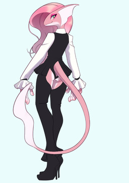 anthro blue_background bottomwear butt clothing female footwear frilly green_eyes hair high_heels long_hair looking_at_viewer pants pink_body pink_hair rear_view shoes simple_background solo stiletto_heels tail unousaya nintendo pokemon generation_8_pokemon inteleon pokemon_(species) scalie 2020 digital_drawing_(artwork) digital_media_(artwork)