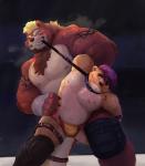 anthro bdsm belt biceps blood blue_eyes bodily_fluids body_hair bondage bound bulge claws clothed clothing collar duo fur hair leather looking_at_viewer male muscular muscular_male nipples overweight pecs sport standing sweat tattoo teeth thick_thighs topless wrestler wrestling merfiller teguso bear brown_bear grizzly_bear mammal ursine 2017 digital_media_(artwork)