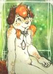 anthro bdsm biped breasts collar female genitals green_eyes hair leash looking_up nude orange_hair pussy sitting slave solo tail dlost canid canine canis domestic_dog mammal