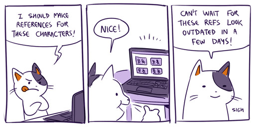 3_panel_comic ambiguous_gender black_eyes black_nose closed_smile computer crossed_arms dialogue dot_eyes electronics exclamation_point eyebrows furniture gesture hand_gesture laptop mouth_closed open_mouth open_smile simple_eyes smile solo speech_bubble table talking_to_self text thumbs_up tongue tongue_out whiskers white_body flavia-elric domestic_cat felid feline felis mammal 2025 2:1 comic english_text