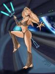 bikini biped blue_lightsaber clothed clothing female holding_object holding_weapon lightsaber lightsaber_polearm melee_weapon not_furry plantigrade polearm solo standing swimwear trident two-piece_swimsuit weapon grriva star_wars alien amphibian amphibian_humanoid animal_humanoid gungan humanoid otolla_gungan 3:4 hi_res