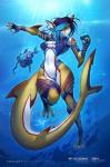 4_toes 5_fingers anthro breasts feet female fin fingers hair midriff navel non-mammal_breasts smile solo text toeless_legwear toes underwater water wide_hips jesonite kira_(specter01) fish marine shark 2019 digital_media_(artwork) hi_res url