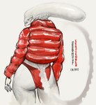 butt cellulite clothing elongated_head female jacket puffer_jacket rear_view red_clothing red_jacket red_topwear red_underwear simple_background solo standing tail teeth topwear underwear white_background deepmouf alien_(franchise) alien xenomorph hi_res portrait three-quarter_portrait