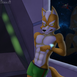 abs anthro black_nose bottomwear clothed clothing eyebrows featureless_chest fur green_bottomwear green_clothing looking_out_window male multicolored_body multicolored_fur navel orange_body orange_fur pecs reflection snout solo space spacecraft tail topless topless_anthro topless_male two_tone_body two_tone_fur vehicle white_body white_eyebrows white_fur white_inner_ear yellow_eyes sandblastcoyote nintendo star_fox fox_mccloud canid canine fox mammal 1:1 2021