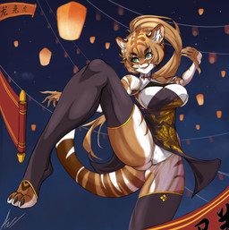 anthro asian_clothing big_breasts big_butt breasts butt chinese_clothing chinese_dress clothed clothing dress east_asian_clothing female fur holidays lamp lantern legwear paper_lantern sky_lantern solo stockings text wide_hips allanel chinese_new_year chinese_zodiac felid hybrid mammal pantherine tiger chinese_text hi_res
