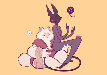 anthro bandage bandaged_arm bandaged_leg black_body black_fur chest_tuft duo eating eating_food female female/female food fur heart_symbol on_lap rice simple_background sitting_on_lap toony tuft white_body white_fur yellow_background marshmallowfury liu_(marshmallowfury) rey_(marshmallowfury) domestic_cat felid feline felis mammal persian_cat 2015 digital_drawing_(artwork) digital_media_(artwork)
