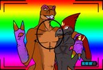 alternate_rainbow_pride_colors anthro crosshairs duo grin lgbt_pride male photo pride_color_background pride_colors rainbow rainbow_pride_colors simple_background smile arkanum_zilong accipitriform avian bird dinosaur prehistoric_species reptile scalie theropod tyrannosaurid tyrannosauroid tyrannosaurus tyrannosaurus_rex vulture