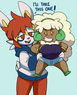 anthro beady_eyes big_breasts blue_background blue_bottomwear blue_clothing blue_shorts bottomwear bracelet breasts brown_body cheek_tuft clothed clothing dialogue duo eyelashes facial_tuft female footwear front_view fur green_clothing green_footwear green_shoes hair holding_another hoodie jewelry larger_male male open_mouth orange_bottomwear orange_clothing orange_eyes orange_hair orange_nose orange_pants pants purple_clothing purple_topwear shoes shorts shortstack shortstack_female simple_background size_difference smaller_female smile text topwear tuft white_body white_clothing white_fur white_hoodie white_topwear brachyzoid nintendo pokemon tinder_skitty_(series) cinderace generation_5_pokemon generation_8_pokemon pokemon_(species) whimsicott 2022 digital_media_(artwork) english_text hi_res