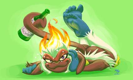 5_toes alcohol ambiguous_gender anthro barefoot bedroom_eyes beverage biped blush bottle butt calves_up container crossed_feet drunk feet fire green_background hindpaw humanoid_feet light looking_at_viewer lying narrowed_eyes on_front paws plantigrade prehensile_tail purple_eyes red_body seductive simple_background smile smiling_at_viewer soles solo substance_intoxication tail the_pose toes jammerhighwind nintendo pokemon generation_4_pokemon infernape mammal pokemon_(species) primate 2011 5:3 lighting