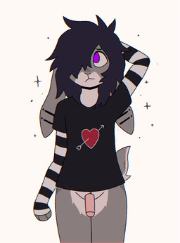 anthro arm_warmers armwear black_clothing black_shirt black_topwear bottomless bottomless_anthro bottomless_male clothed clothing crotch_tuft ear_piercing ears_down femboy flaccid fur genitals glans grey_body grey_fur hair hair_over_eye heart_clothing heart_symbol humanoid_genitalia humanoid_penis looking_away male multicolored_body multicolored_fur pattern_arm_warmers pattern_armwear pattern_clothing penis piercing pink_penis pivoted_ears purple_eyes purple_hair shirt simple_background solo striped_arm_warmers striped_armwear striped_clothing stripes topwear tuft two_tone_body two_tone_fur white_background white_body white_fur crischar_foxito lagomorph leporid mammal rabbit 2025 absurd_res digital_drawing_(artwork) digital_media_(artwork) hi_res portrait three-quarter_portrait