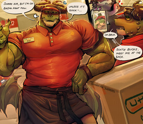 2_horns anthro apron arm_hair barazoku big_butt big_muscles big_pecs bodily_fluids body_hair butt butt_hair clothing curved_horn duo employee employee_uniform furgonomic_piercing furgonomics green_body green_scales hat headgear headwear horn horn_piercing male male/male male_focus manly muscular muscular_anthro muscular_male pecs piercing ruined_reputation scales solo_focus sweat sweatdrop tail text visor_cap makota_toh mythology dragon mammal mythological_creature mythological_scalie scalie absurd_res english_text hi_res