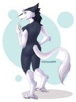 anthro blue_body blue_fur butt deadlydownpour femboy fur green_eyes hi_res kinjagh_(character) male piercing presenting presenting_hindquarters sergal smile solo tail