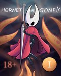 2023 4:5 arthropod black_body blurred_background cloak clothing comic cover cover_art cover_page digital_drawing_(artwork) digital_media_(artwork) english_text female glistening glistening_body hi_res holding_object holding_weapon hollow_knight hornet_(hollow_knight) humanoid jellli looking_at_viewer orange_tentacles shaded solo team_cherry tentacles text the_infection_(hollow_knight) weapon
