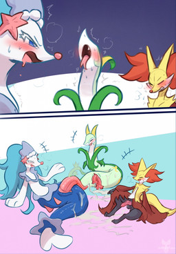 animal_genitalia animal_penis anthro blue_body blue_eyes blush bodily_fluids canine_genitalia canine_penis cum cute_fangs erection eyes_closed fangs feral fur genital_fluids genitals green_body knot looking_pleasured male male_anthro male_feral nude_anthro nude_male open_mouth penis sweat sweatdrop teeth tongue tongue_out yellow_body yellow_fur tenebscuro nintendo pokemon delphox generation_5_pokemon generation_6_pokemon generation_7_pokemon pokemon_(species) primarina serperior 2026 censored comic hi_res