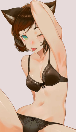 animal_ears bangs black_bra black_clothing black_panties black_underwear blush blush_lines bow_panties bow_underwear bra breasts brown_ears brown_eyebrows brown_hair clothed clothed_female clothed_humanoid clothing eyebrows eyelashes female female_humanoid front_view hair hand_behind_head inner_ear_fluff iris light_body light_skin looking_at_viewer medium_breasts midriff multicolored_eyes navel one_eye_closed panties pose pupils raised_arm red_tongue short_hair simple_background slim slim_female slim_humanoid smile smiling_at_viewer solo spread_legs spreading teal_eyes tongue tongue_out tuft underwear white_background white_inner_ear_fluff white_sclera white_tuft yellow_eyes salmon88 animal_humanoid felid felid_humanoid humanoid mammal mammal_humanoid 2016 hi_res pinup portrait three-quarter_portrait