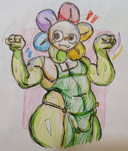 anthro apron belly big_butt blush bulge butt clothing femboy flower looking_at_viewer male overalls overalls_only plant slightly_chubby slightly_chubby_anthro solo thick_thighs welyr blushcrunch_studio dandy's_world dandy_(dandy's_world)
