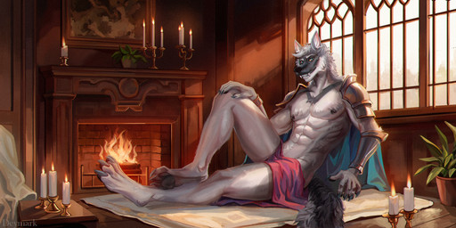anthro areola armor black_areola black_pawpads blue_claws blue_eyes candle cape claws clothing fangs fireplace fur grey_body grey_fur knight male orange_sclera pawpads solo teeth warrior deymark cole_canine canid canine canis domestic_dog husky mammal nordic_sled_dog spitz 2:1 hi_res