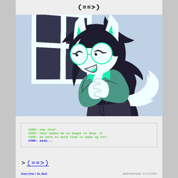 belt black_hair bottomwear buckteeth clothed clothed_female clothing comic_panel denim denim_bottomwear denim_clothing dialogue eyewear female glasses hair jacket jeans lipstick long_hair makeup pants ponytail solo tail tail_motion tailwag teeth text topwear white_body ashleyorange homestuck ms_paint_adventures jade_harley canid canine humanoid hybrid mammal 1:1 2_frame_animation animated animated_comic comic hi_res