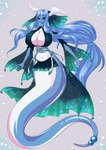anthro apode big_breasts blue_body blue_hair breasts clothing female hair head_wings horn huge_breasts legless long_hair red_eyes solo unusual_wing_placement white_body wings potatobomb nintendo pokemon serena_(basian) dragonair generation_1_pokemon pokemon_(species) absurd_res hi_res