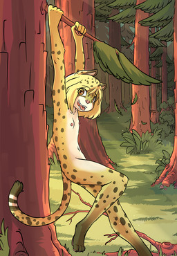 4_toes 5_fingers adolescent anthro blonde_hair breasts brown_eyes casual_nudity day detailed_background feet female fingers flat_chested forest fur grass hair hands_above_head hanging_from_branch in_tree loli looking_at_viewer markings navel nipples nude open_mouth outdoor_nudity outside plant solo spots spotted_body spotted_fur teeth toes tongue tongue_out tree yellow_body yellow_fur young young_anthro domovoi_lazaroth camp_pines maria_ambertail cheetah felid feline mammal 2020 digital_media_(artwork) hi_res