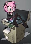 anthro black_clothing black_legwear black_nose black_shirt black_topwear blue_eyes breasts clothing ear_piercing ear_ring eyelashes female fur gradient_background grey_background legwear paper photocopier piercing pink_body pink_fur printer ring_piercing shirt simple_background sitting solo topwear kosherea sega sonic_the_hedgehog_(series) amy_rose eulipotyphlan hedgehog mammal absurd_res full-length_portrait hi_res portrait