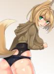 blonde_hair breasts butt clothed clothing female fluffy fluffy_tail fur furgonomics glistening glistening_body glistening_skin hair hoodie looking_at_viewer looking_back open_mouth simple_background skimpy solo tail tan_body tan_fur teal_eyes topwear acechan_f animal_humanoid canid canid_humanoid canine canine_humanoid fox_humanoid humanoid mammal mammal_humanoid hi_res portrait three-quarter_portrait