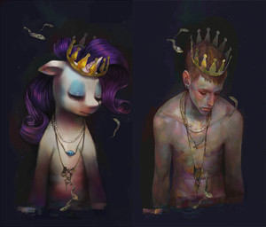 blue_eyeshadow clothing comparison crown duo eyes_closed eyeshadow female fur hair headgear horn jewelry makeup male necklace nude purple_hair white_body white_fur crookedtrees ydkmorimoe friendship_is_magic hasbro my_little_pony mythology rarity_(mlp) equid equine human mammal mythological_creature mythological_equine unicorn
