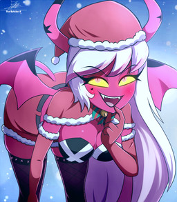 absolute_territory armwear back_wings bedroom_eyes bell bent_over big_breasts blush bottomwear bow_tie breasts christmas_clothing christmas_headwear cleavage clothed clothing elbow_gloves eyelashes fangs female gloves hair handwear hat headgear headwear heart_(marking) holidays horn horn_markings jingle_bell leaning leaning_forward legwear long_hair looking_at_viewer markings membrane_(anatomy) membranous_wings narrowed_eyes open_mouth open_smile pink_body pink_eyes pink_skin santa_hat seductive shorts shrug_(clothing) smile snow snowing solo star_(marking) stockings suggestive_pose tail teeth thigh_highs white_hair wings yellow_sclera the-butcher-x christmas hellaverse helluva_boss verosika_mayday demon horned_humanoid humanoid succubus tailed_humanoid winged_humanoid 2025 absurd_res hi_res