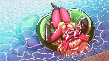 alcohol ambiguous_gender anthro beer beverage bikini breasts cleavage clothed clothing eyewear female fur glasses hair heart_glasses inflatable looking_at_viewer open_mouth outside pink_body pink_fur pool_toy poolside sharp_teeth smile smiling_at_viewer solo swimming_pool swimwear tail teeth thick_thighs tongue tongue_out two-piece_swimsuit water wearing_glasses white_body white_fur white_hair riio_(artist) riio_(character) ailurid mammal red_panda 16:9 4k absurd_res digital_media_(artwork) hi_res widescreen