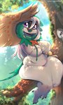 anthro beak biped branch breasts brown_body brown_feathers cleavage clothed clothing cloud detailed_background eyelashes feathers feet female green_body hair looking_at_viewer navel plant purple_eyes sitting_on_branch solo talons toes tree white_body white_hair rainbowscreen nintendo pokemon decidueye generation_7_pokemon pokemon_(species) rowlet 2024 absurd_res hi_res