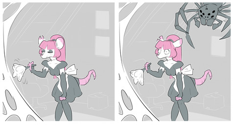 2_panel_comic ambiguous_gender anthro armwear bent_legs breasts cleaning cleaning_tool clothed clothing dress duo dusting elbow_gloves eyes_closed feather_duster female fingerless_gloves footwear fur gloves hair handwear holding_object imminent_danger imminent_death knock-kneed legwear looking_at_viewer maid_uniform micro multi_arm multi_eye multi_limb notched_ear pink_hair ponytail simple_background spider_web stockings tail thigh_highs uniform white_body wide_eyed mardymuntjak renfri_(mardymuntjak) arachnid arthropod mammal murid murine rat rodent spider 2026 comic digital_media_(artwork) hi_res